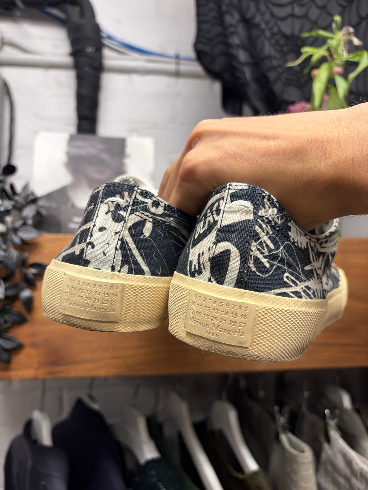 Maison Margiela ‘Graffiti’ Black/White Canvas ‘Tabi’ Low Top Sneakers