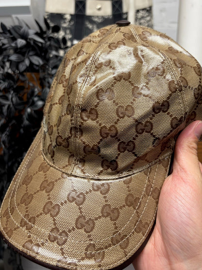 Gucci Coated Brown Canvas Leather Strap-Back Baseball Cap