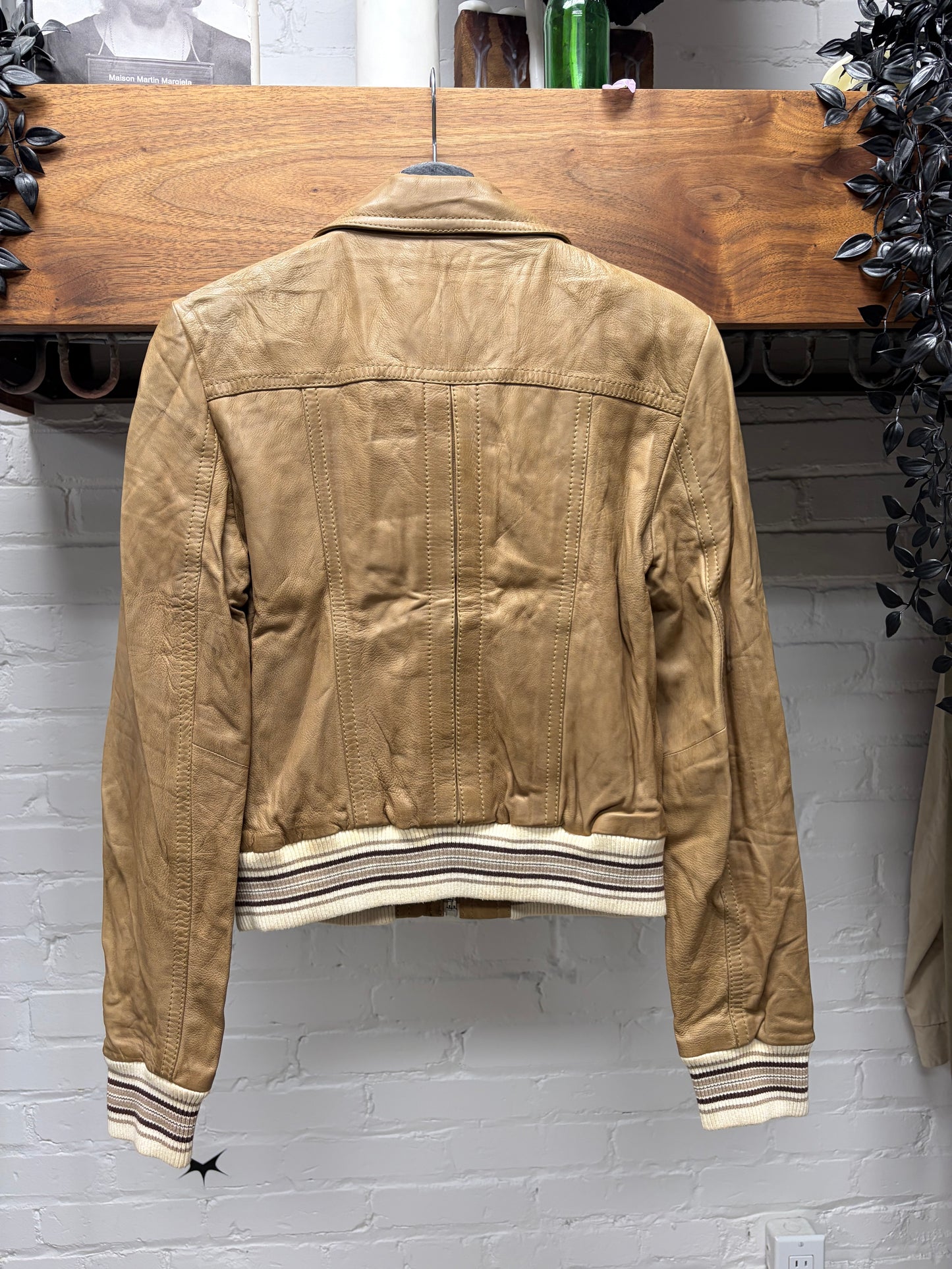 Dolce and Gabbana Cropped Brown Lambskin Leather Jacket with Silk Pinstripe Liner