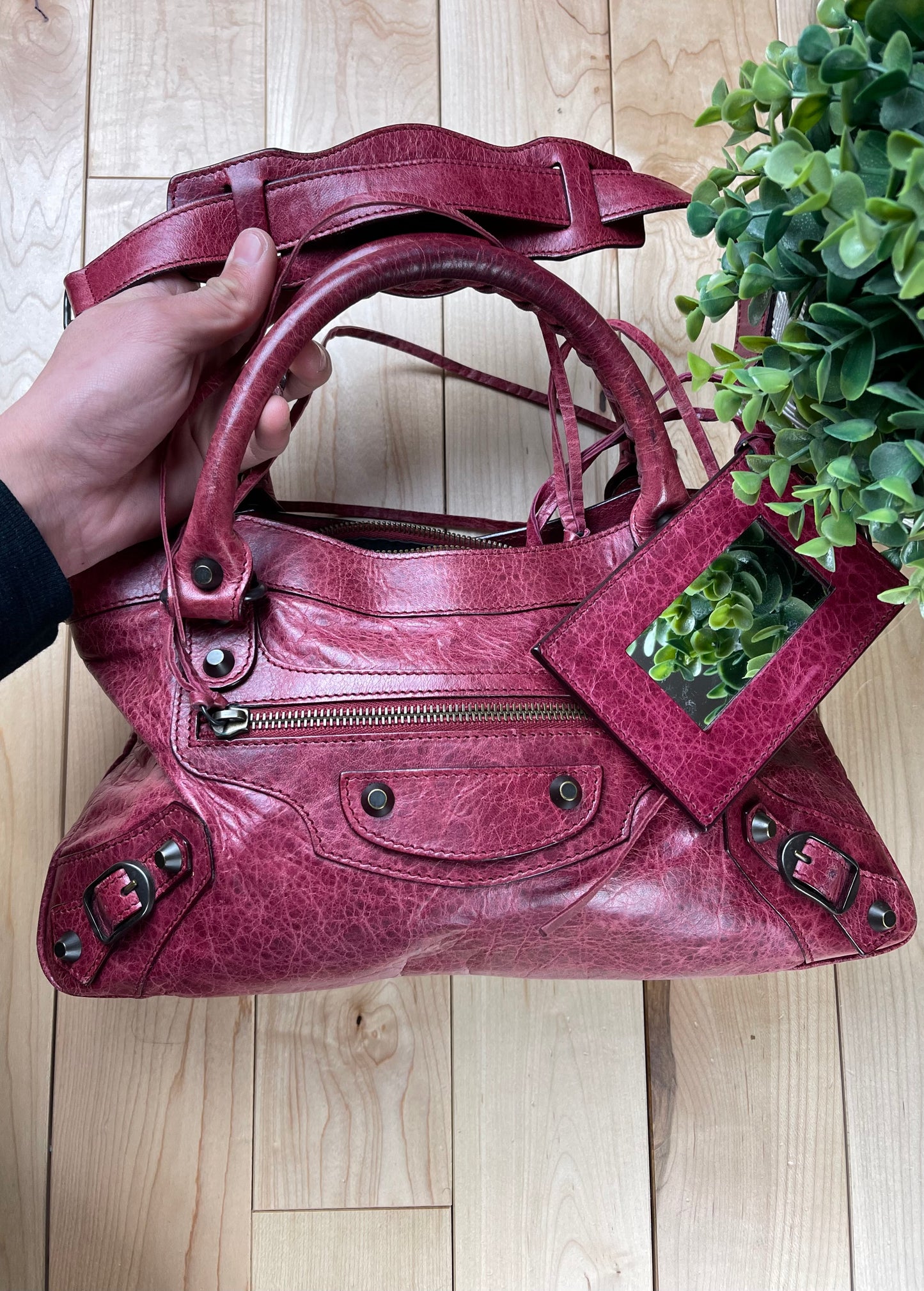 Balenciaga ‘Twiggy’ Rustic Red Calfskin Leather Shoulder/ Top Handle City Bag