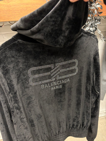 2022 Balenciaga ‘BB Rhinestone Logo’ Black Velour Hoodie