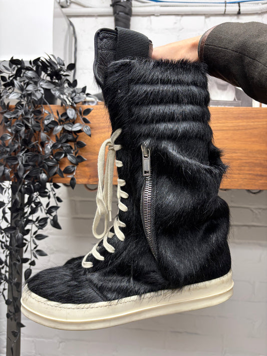 Rick Owens Ponyhair Black/Milk ‘Cargobasket’ High Top Sneakers