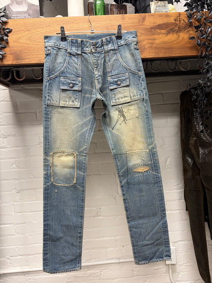Kapital Low Rise Dirt Washed Blue ‘Snap Front Pocket’ Sashiko Repaired Skinny Jeans