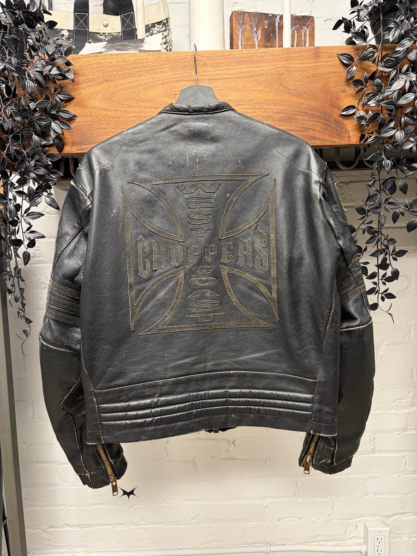 Vintage 90s West Coast Choppers ‘Cross Patch’ Black Calfskin Leather Biker Jacket