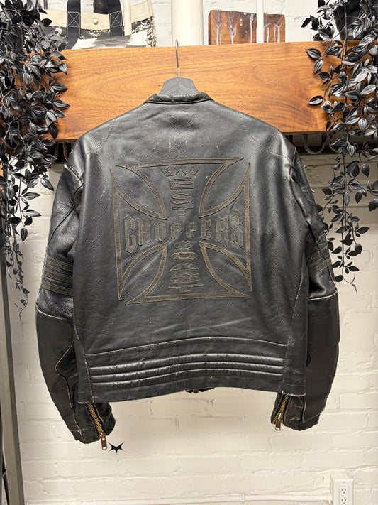 Vintage 90s West Coast Choppers ‘Cross Patch’ Black Calfskin Leather Biker Jacket