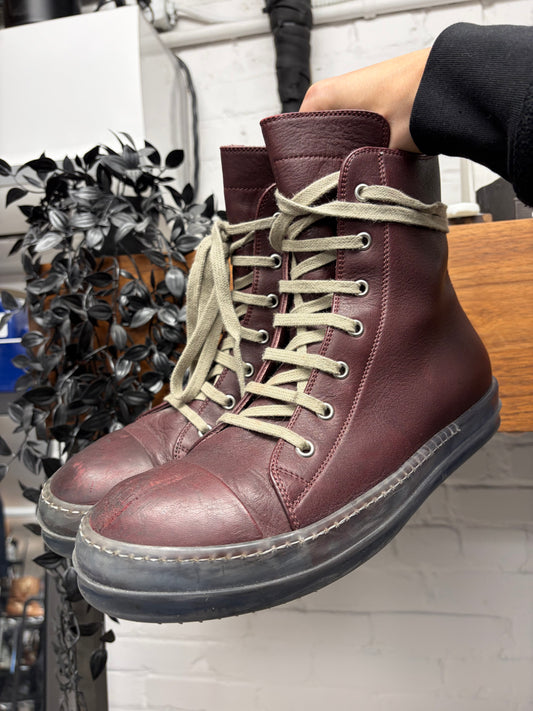 Rick Owens Oxblood Leather/Translucent Sole ‘Ramones’ High Top Sneakers