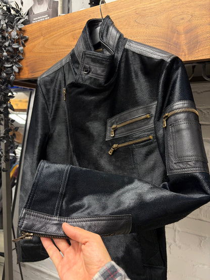 2000s Dolce & Gabanna Mainline Pony-Hair/Buffalo Leather ‘Runway’ Hybrid Motorcycling High Neck Jacket