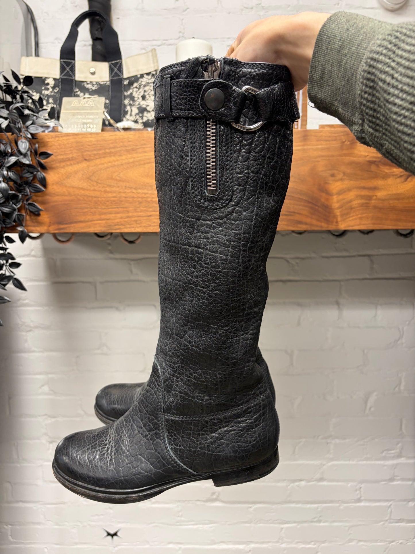 2000s Miu Miu Tumbled Black Calfskin Leather Mid Length Boots