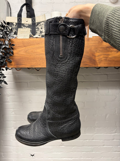 2000s Miu Miu Tumbled Black Calfskin Leather Mid Length Boots
