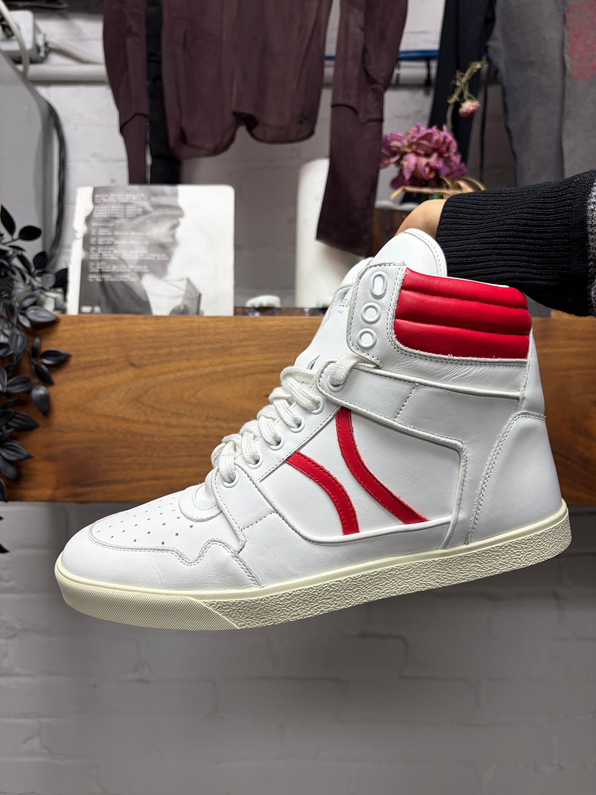Celine 'Break' Cream/Red Mid Top
Leather Court Sneakers