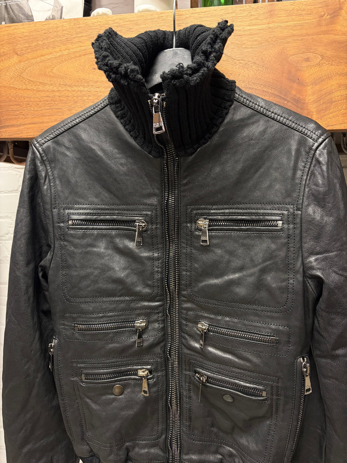 2000s Dolce & Gabbana ‘Mainline’ Black Sheepskin Leather Fitted Cargo Jacket