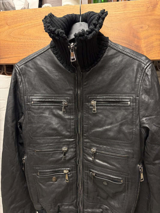 2000s Dolce & Gabbana ‘Mainline’ Black Sheepskin Leather Fitted Cargo Jacket