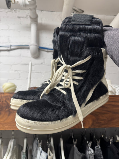 Rick Owens Black Pony-Hair ‘Geobasket’ High Top Sneakers