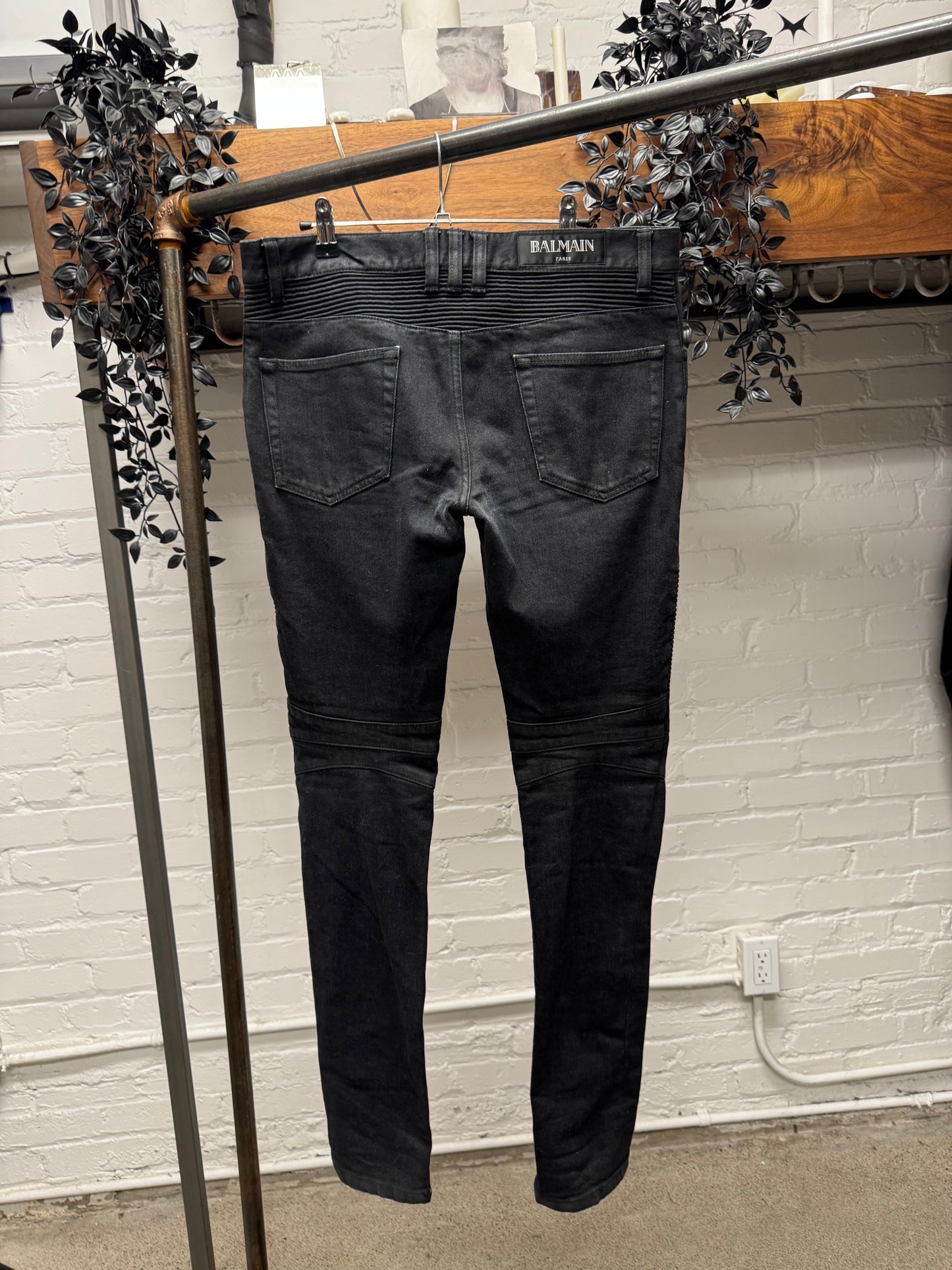 Balmain Waxed Black Classic Biker Knee Denim