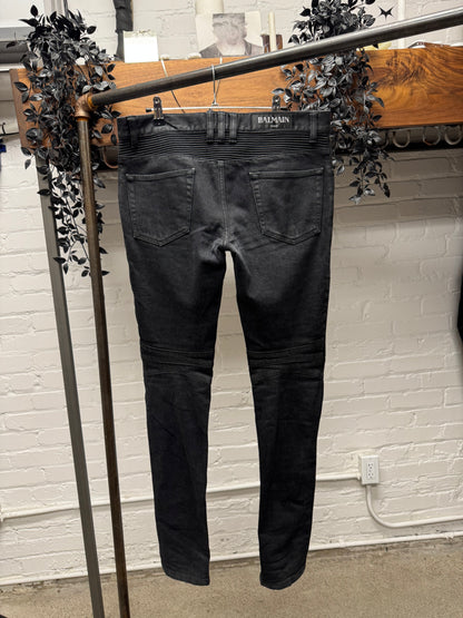 Balmain Waxed Black Classic Biker Knee Denim