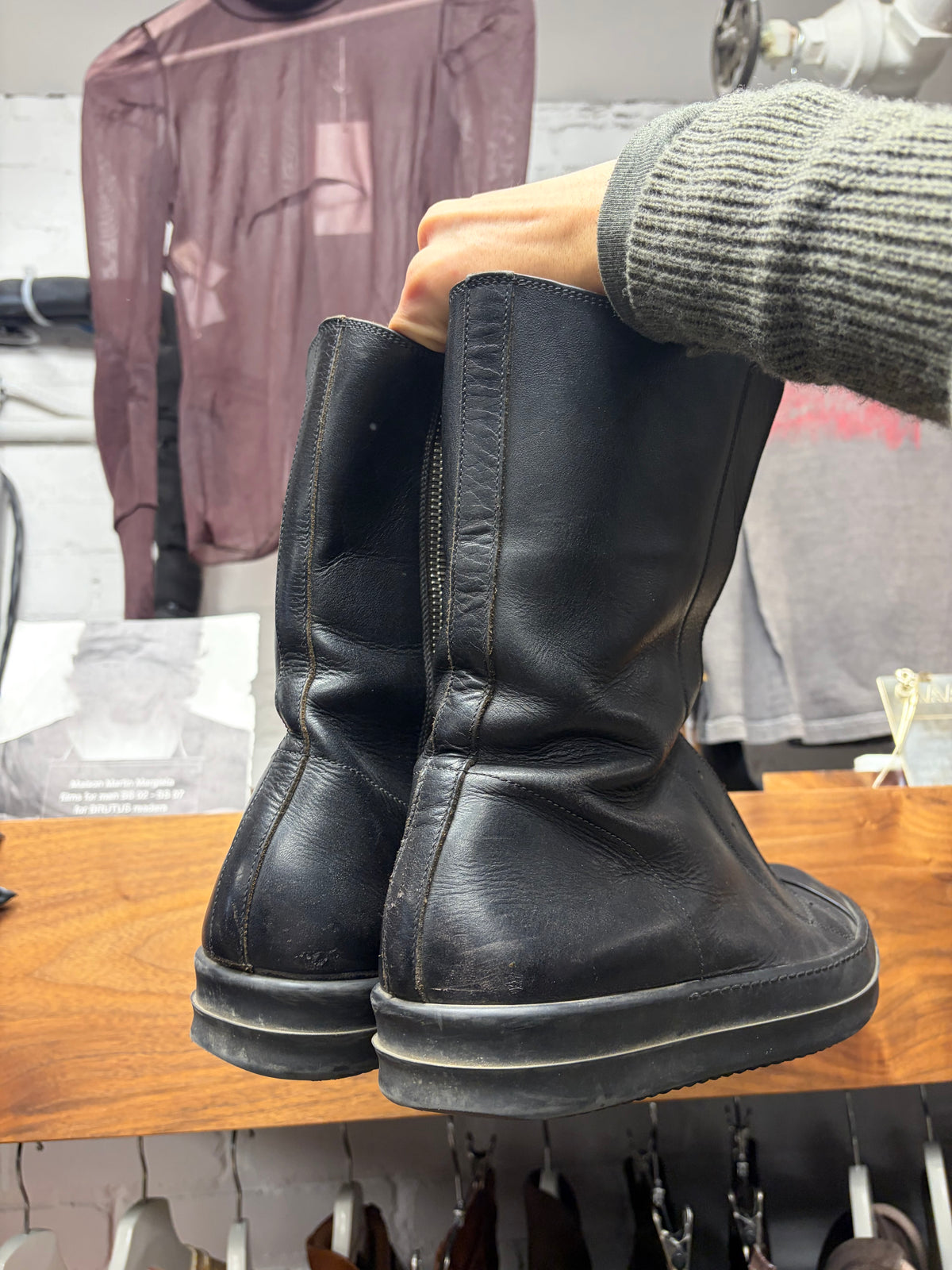 AW2015 Rick Owens ‘Sphinx’ Triple Black Laceless ‘Ramones’ with Extended Tongue