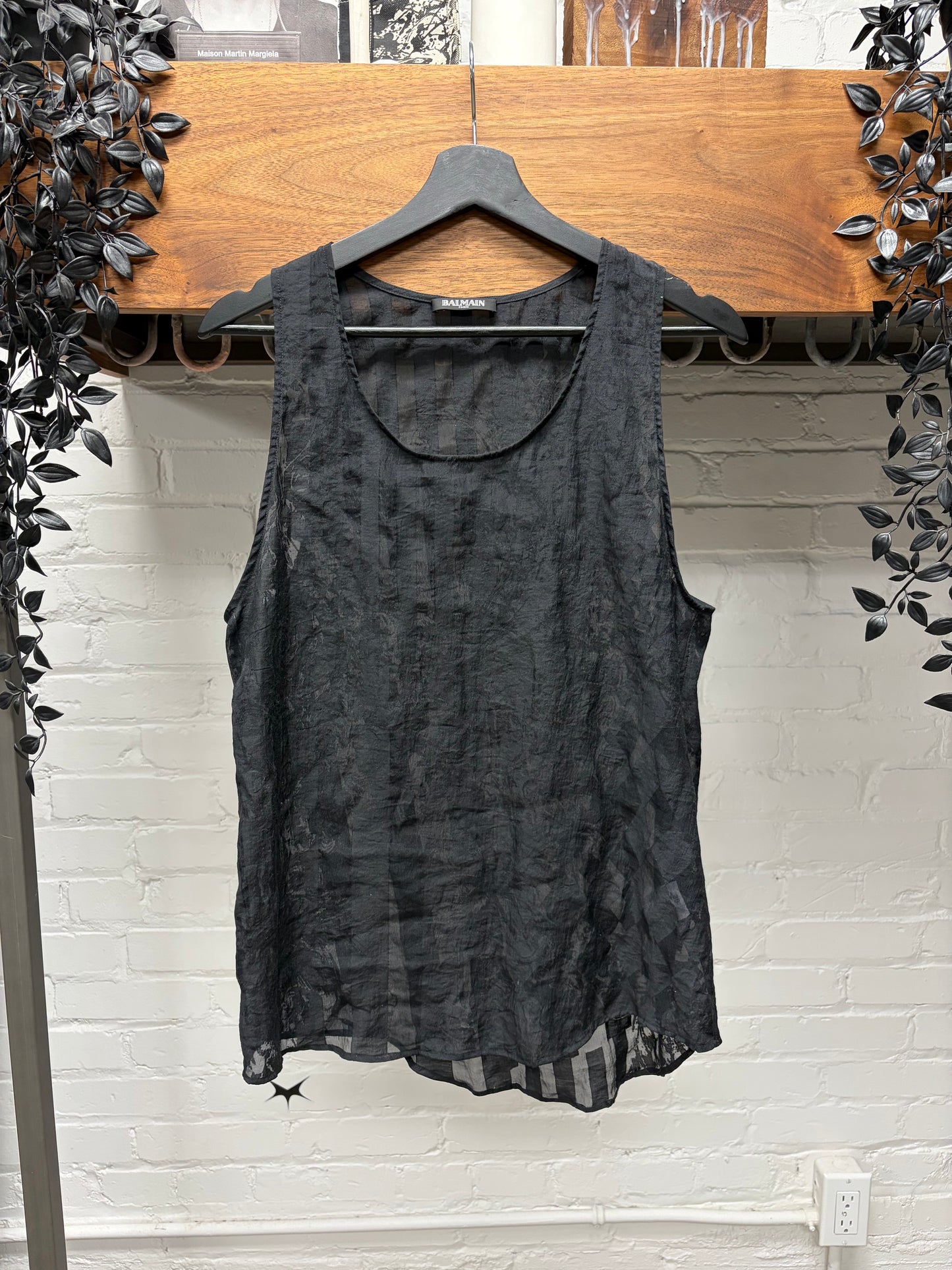Balmain Semi Sheer Sleeveless ‘Black Flag’ Tank Top