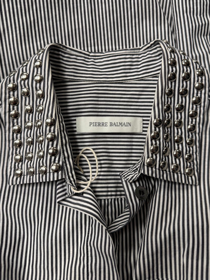 Balmain Studded Silver Pinstripe Button Down Shirt