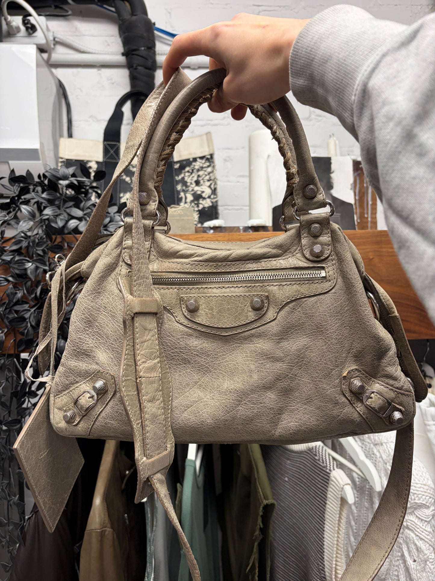 Balenciaga Mini Taupe Brown ‘City Bag’ with Mirror and Crossbody Strap