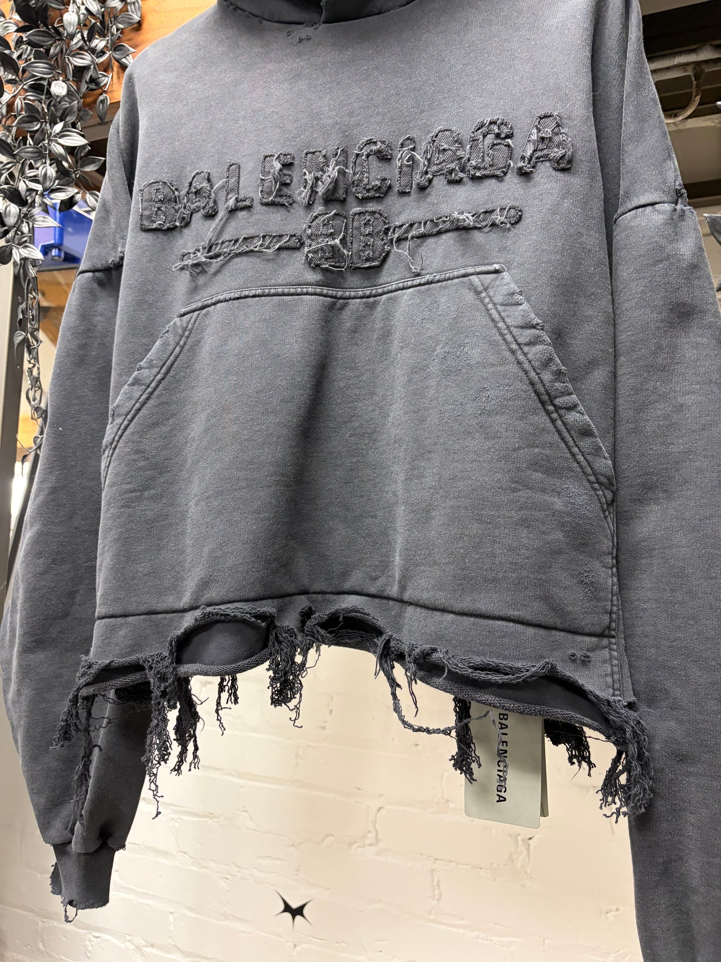 SS2025 Balenciaga Destroyed Distressed Cropped Black Heavy Cotton Logo Hoodie