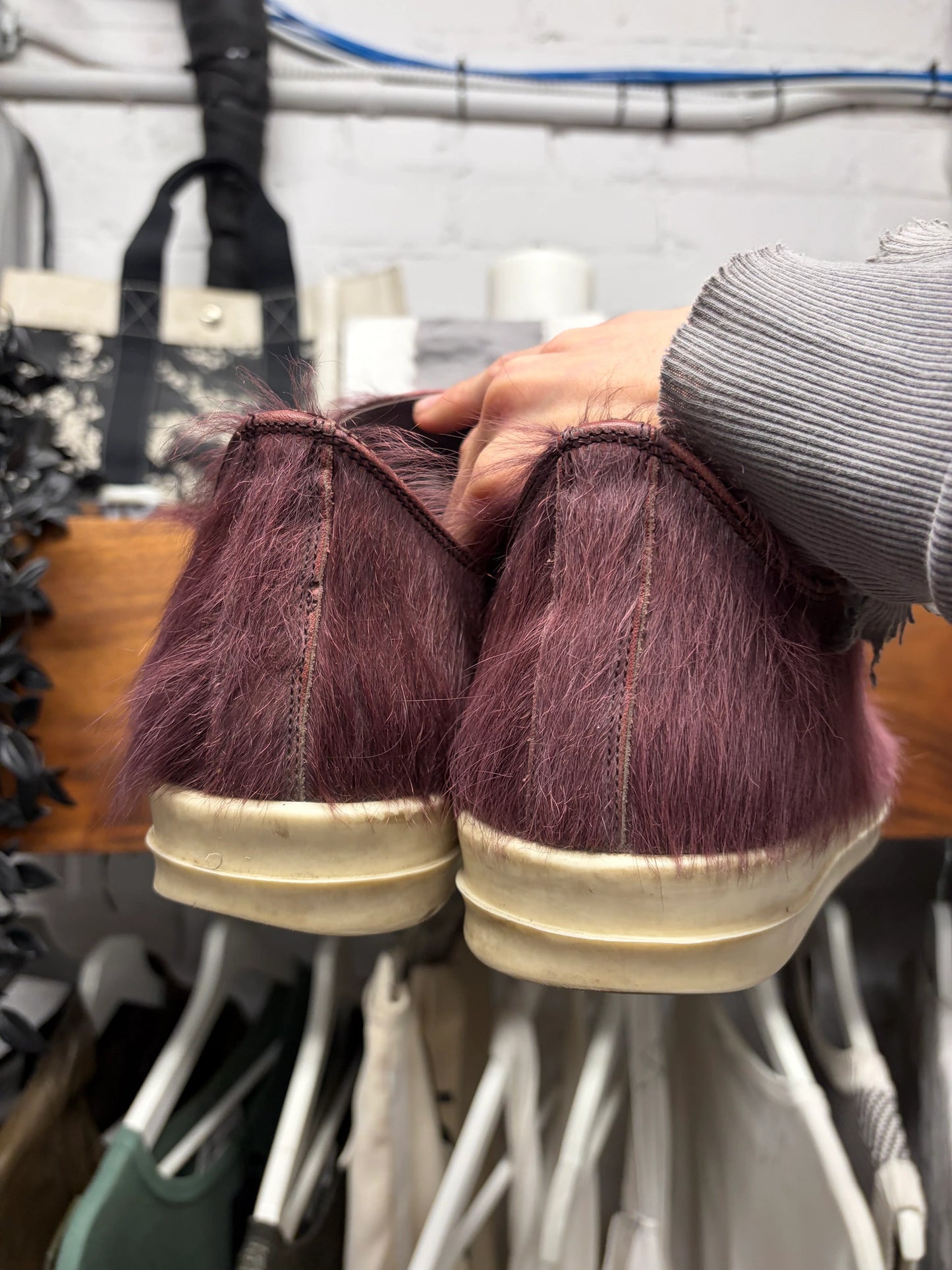 Rick Owens Oxblood Pony Hair ‘Ramones’ Low Top Sneakers