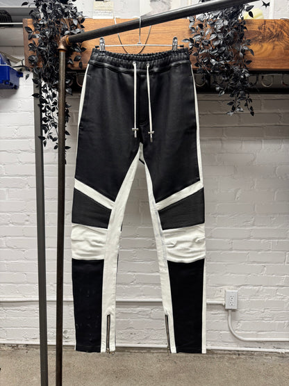 Balmain Pleated Black/White Leather Panelled Biker Pants