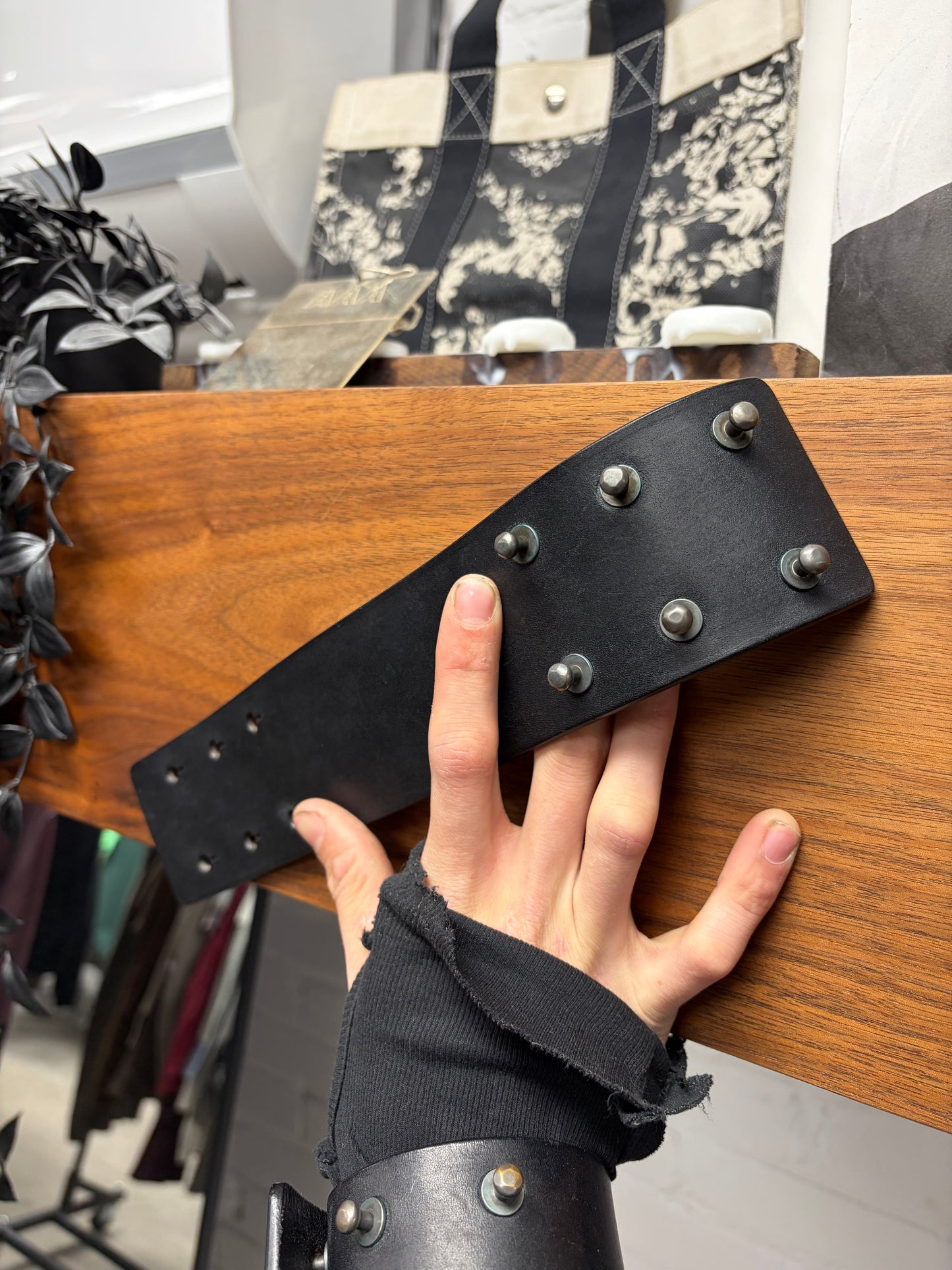 AW2014 Rick Owens ‘Moody’ Wide Black Calfskin Leather ‘Six Stud’ Bracelet