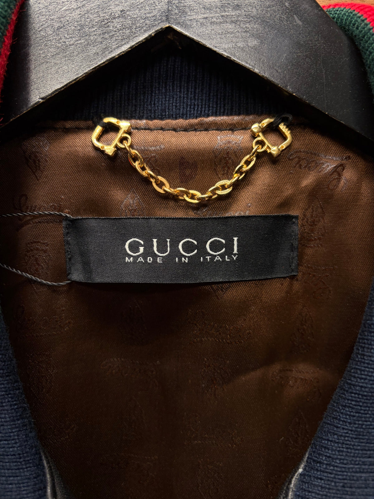 2000s Gucci Embossed ‘Cursive Logo’ Leather Jacket with Stripe Branded Ribbing