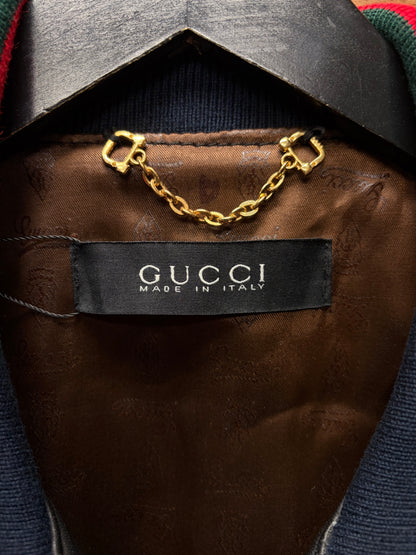 2000s Gucci Embossed ‘Cursive Logo’ Leather Jacket with Stripe Branded Ribbing