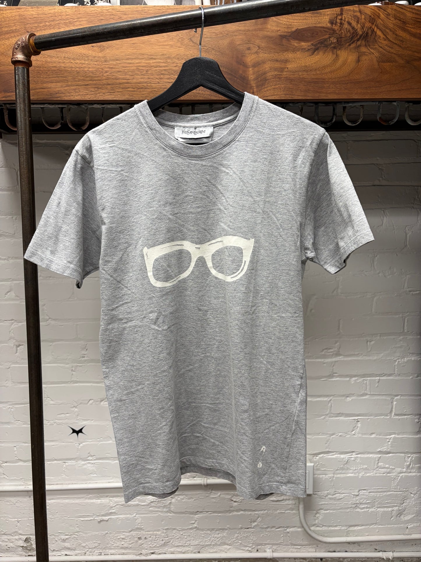 Vintage Yves Saint Laurent ‘Glasses’ YSL Logo Grey/White Graphic T-Shirt