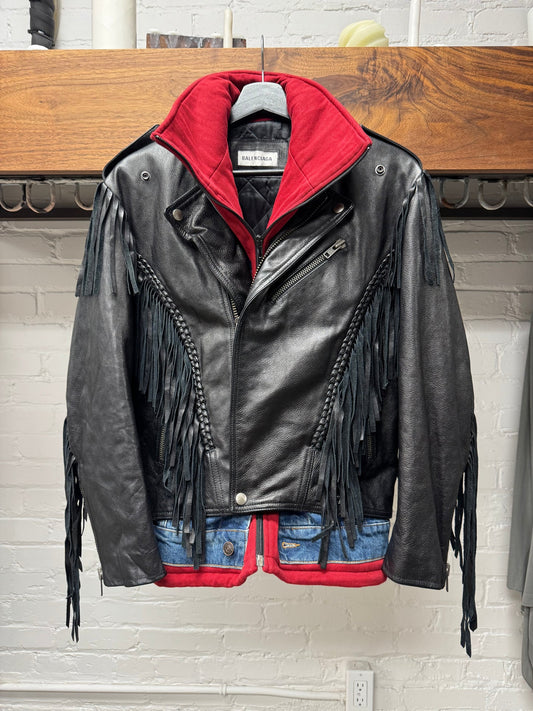 AW2018 Balenciaga ‘Triple Layer’ Denim/Sweatshirt/Leather Fringe Jacket