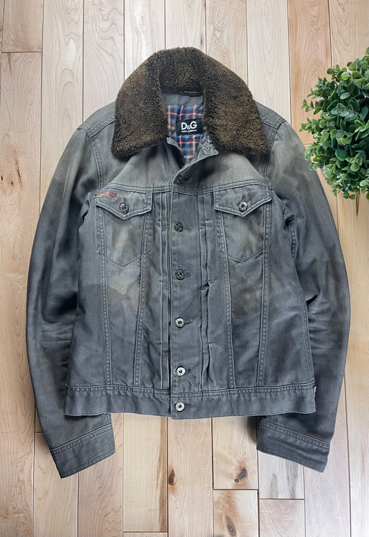 Dolce & Gabbana ‘Washed Grey’ Fur Trim Denim Jacket