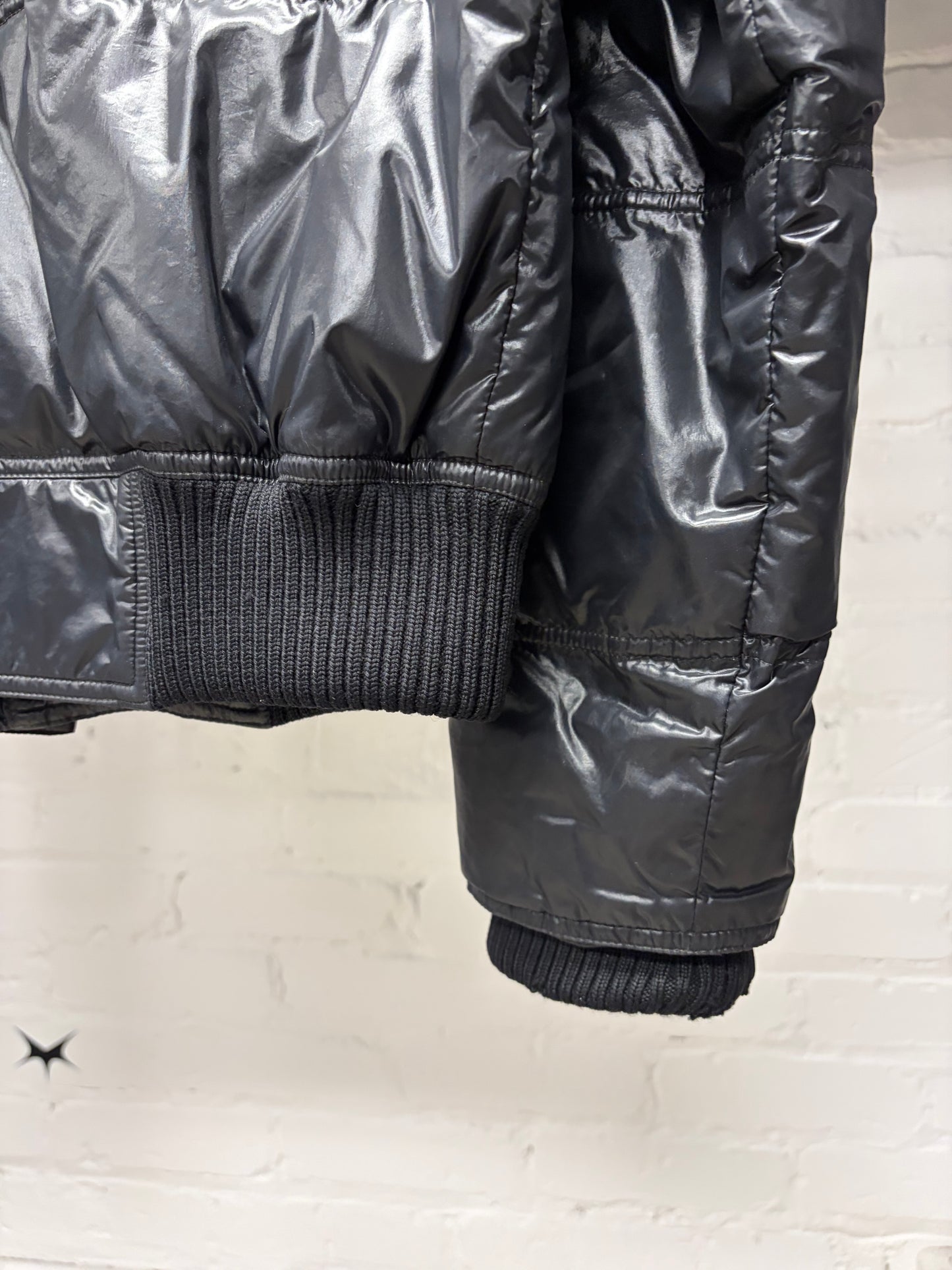 2000s Gucci by Frida Giannini Waxed Black Down Filled Jacket with Leather Crest Patch