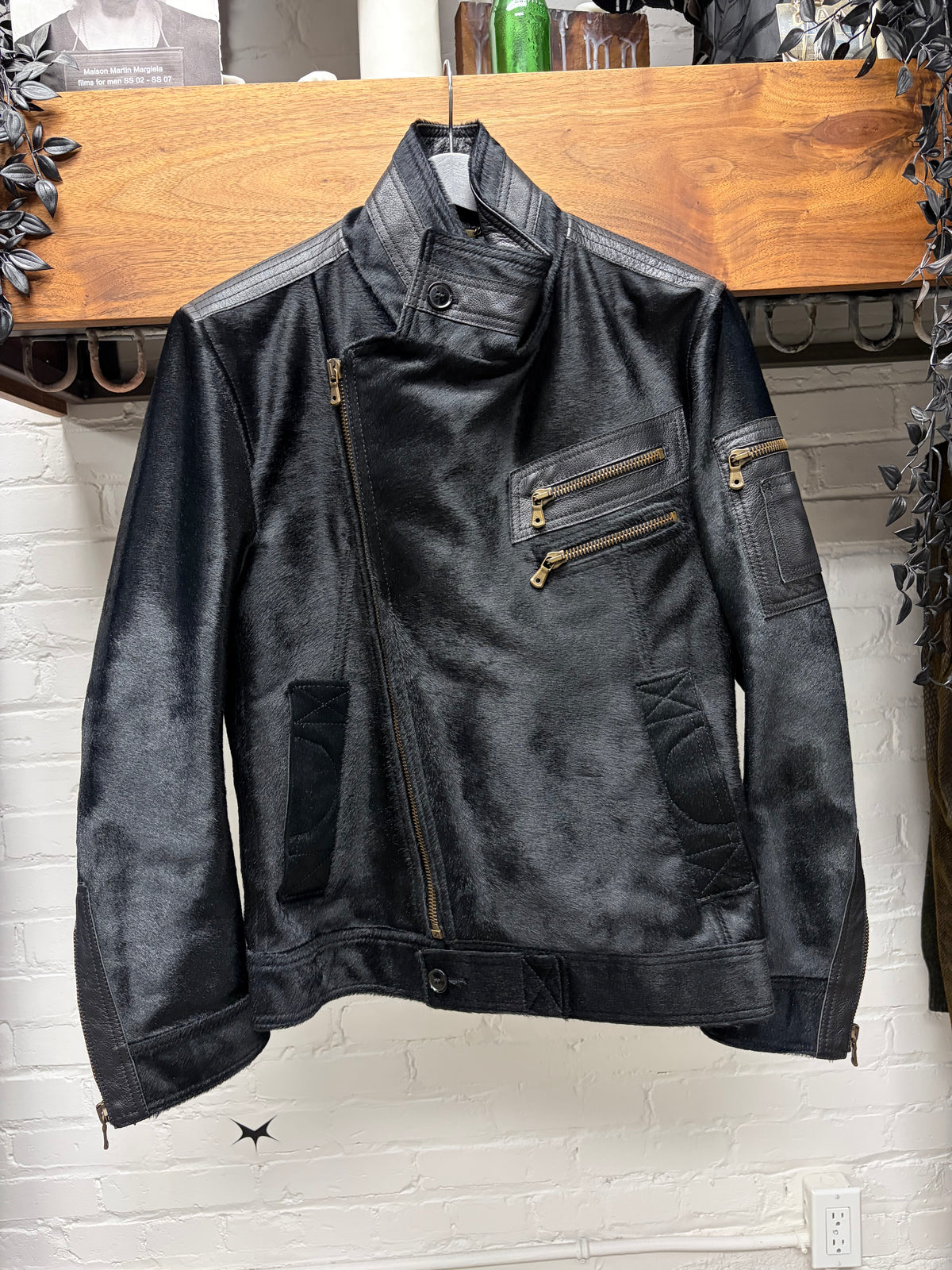 2000s Dolce & Gabanna Mainline Pony-Hair/Buffalo Leather ‘Runway’ Hybrid Motorcycling High Neck Jacket