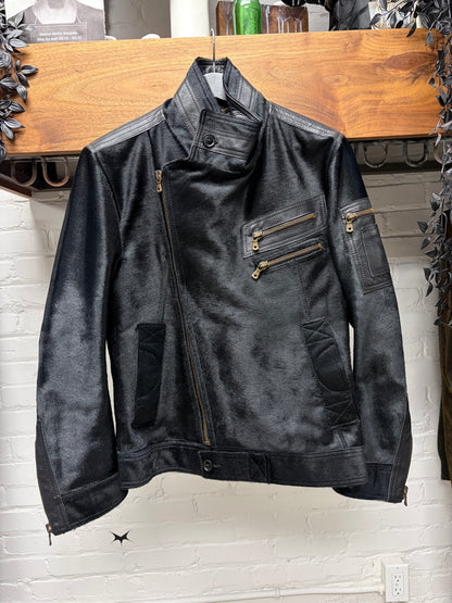 2000s Dolce & Gabanna Mainline Pony-Hair/Buffalo Leather ‘Runway’ Hybrid Motorcycling High Neck Jacket