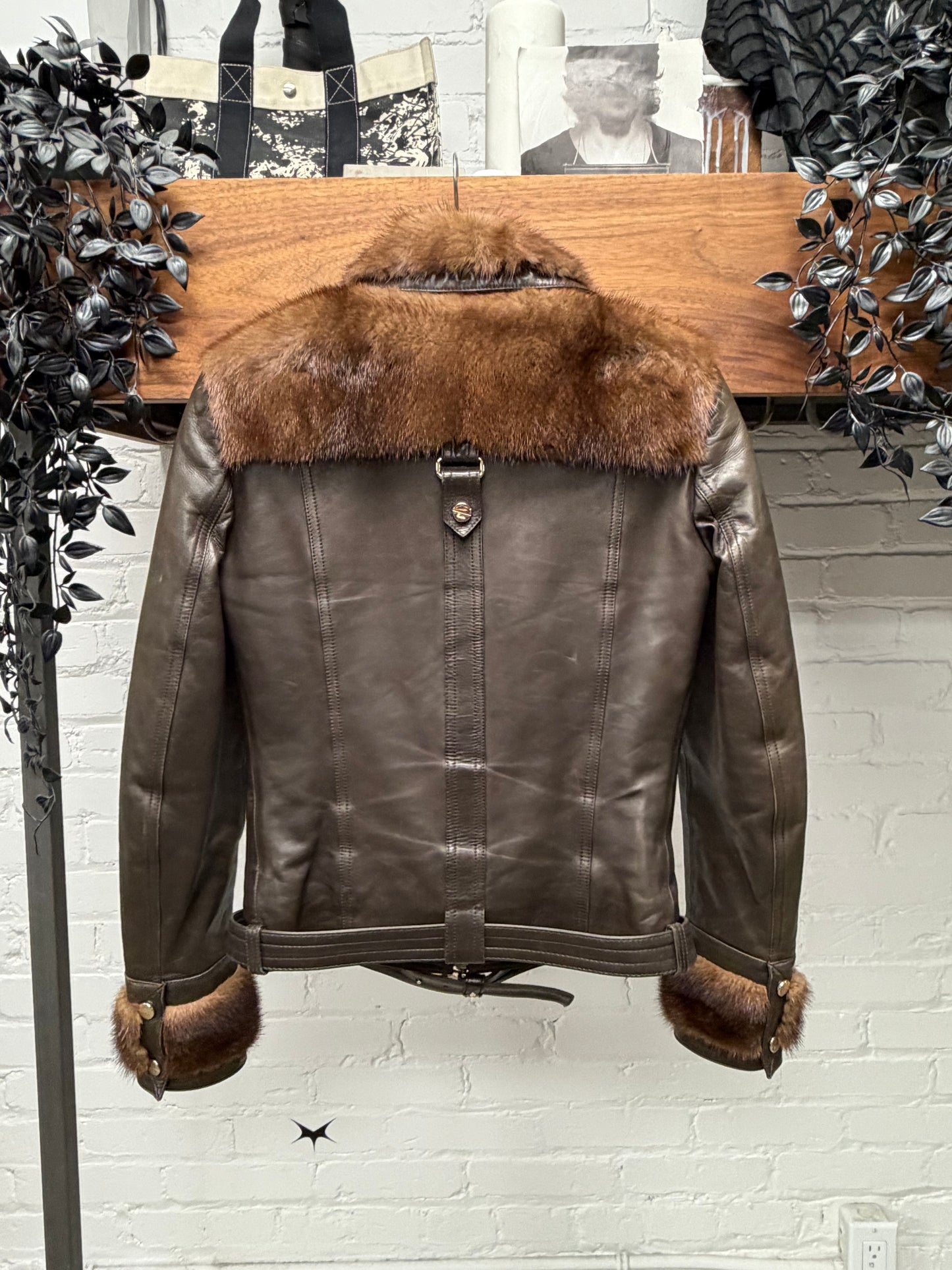 Gucci by Tom Ford Mink Fur/Leather GG Buckle Belted Jacket