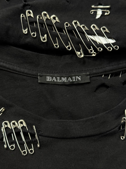 SS2011 Balmain by Christophe Decarnin ‘Safety Pin’ Distressed Black T-Shirt