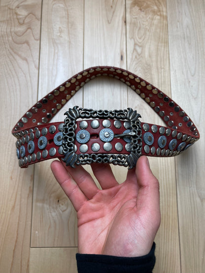 Tornado Mart Oxblood Red Studded Silver Buckle Belt