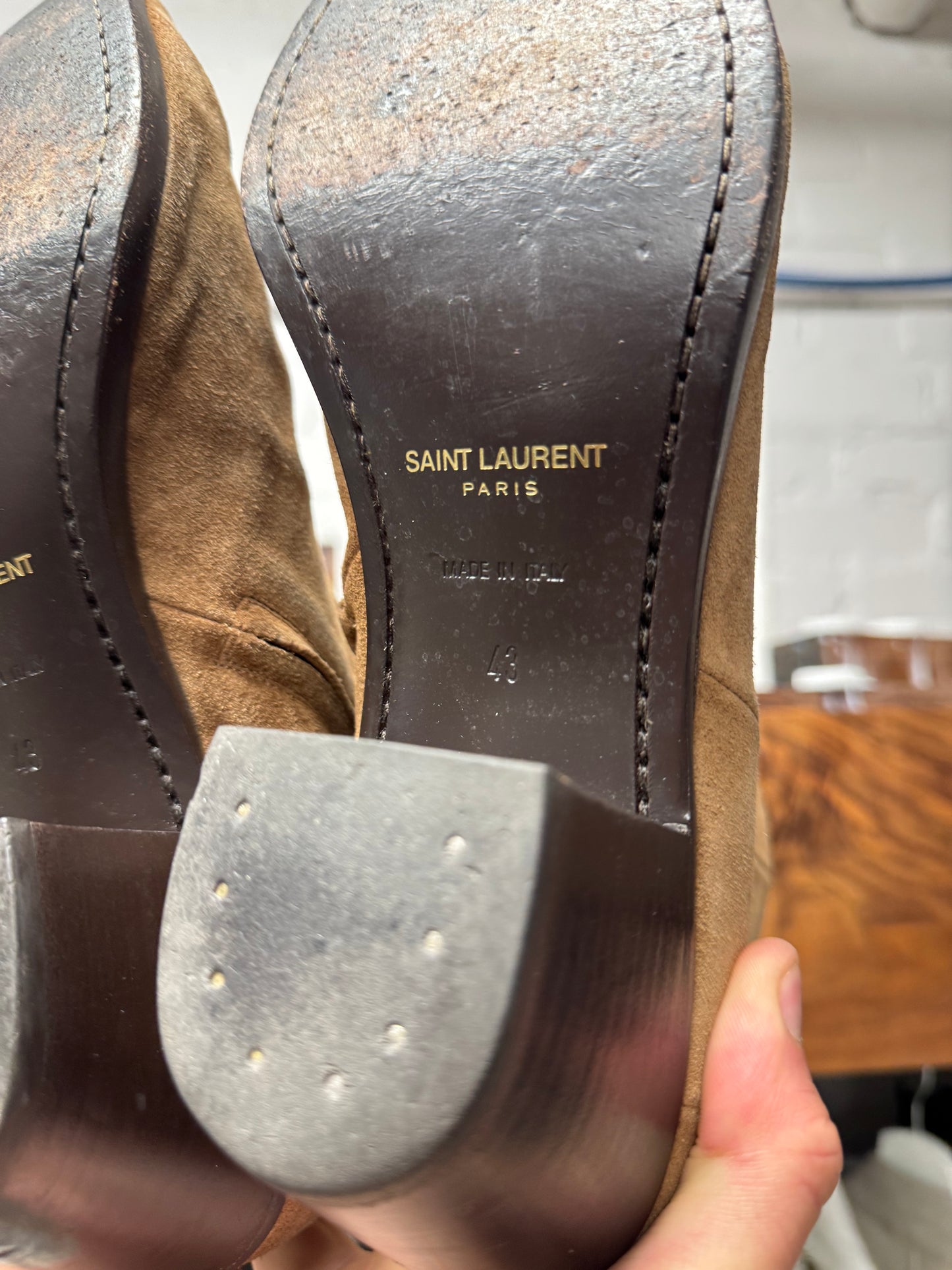 Saint Laurent ‘Lukas’ Brown Suede Cuban Heel Boots