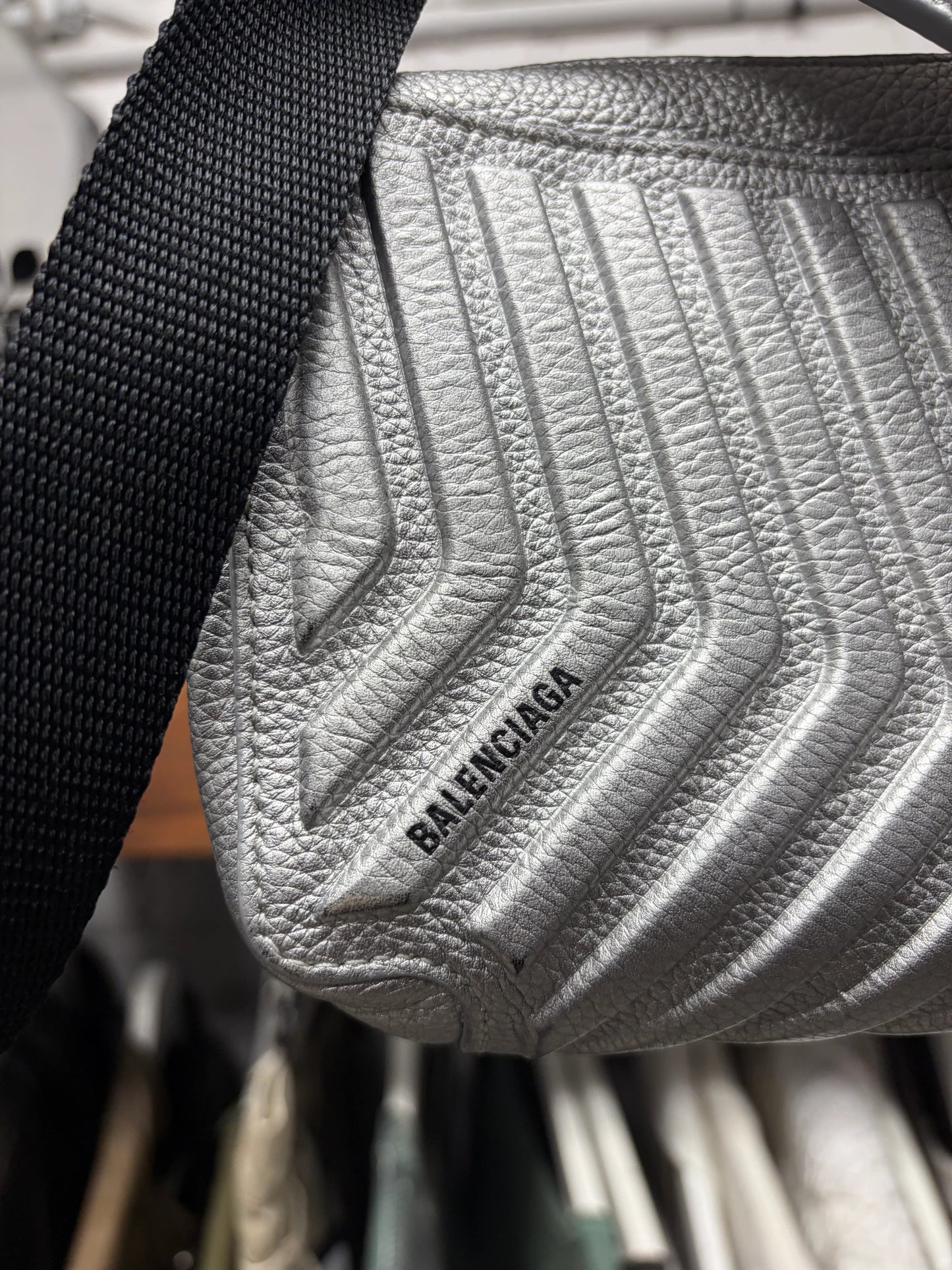 Balenciaga ‘Car Mat’ Silver Leather Crossbody Bag