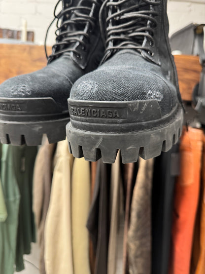Balenciaga Black Distressed Canvas ‘Strike’ Combat Boots