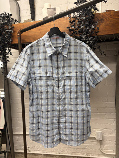 2000s Prada Sport Tartan Plaid Patterned Short Sleeve Zip-Up Shirt