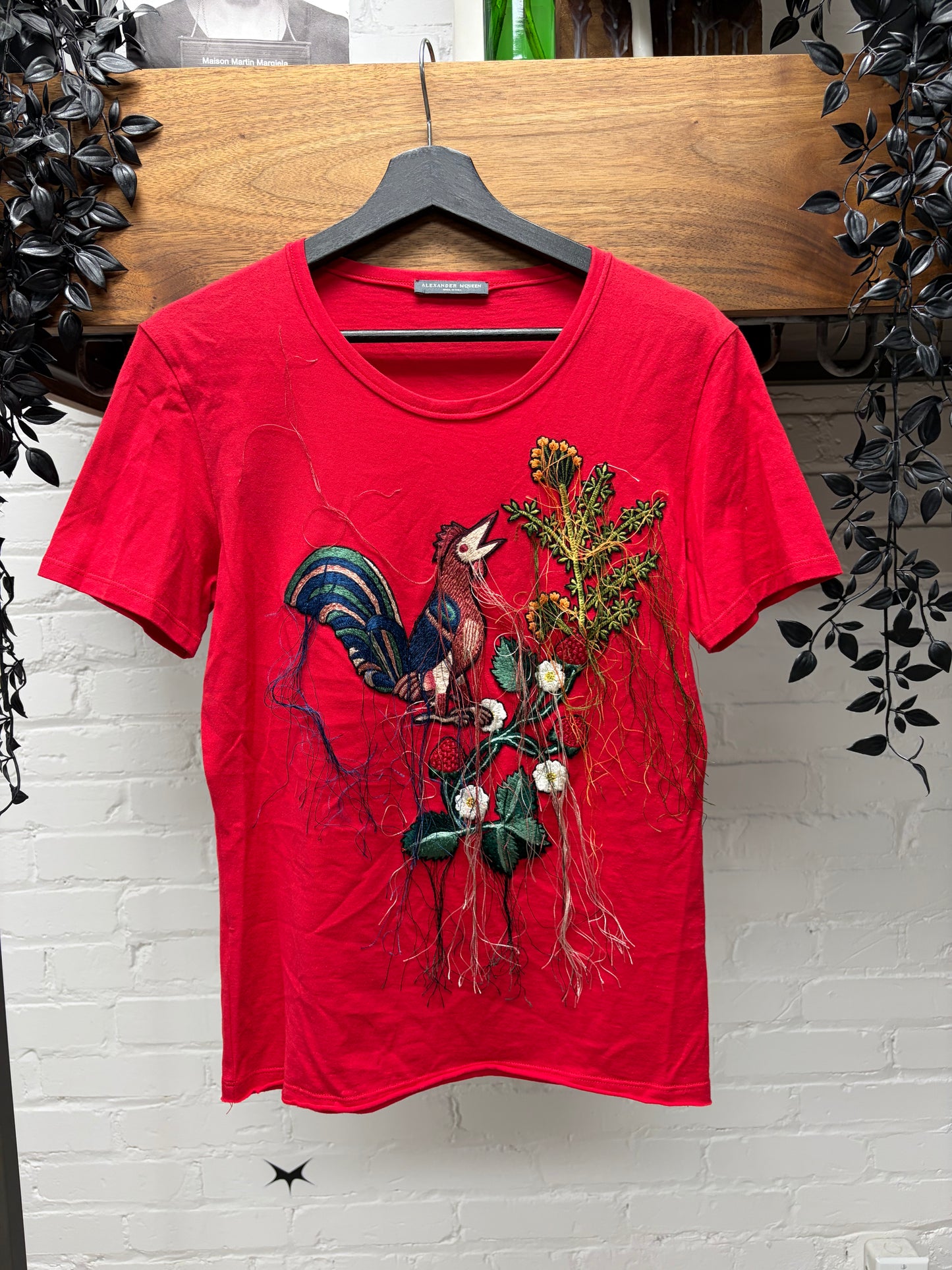 Alexander McQueen ‘Bird of Paradise’ Fringe Embroidered Red Short Sleeve T-Shirt