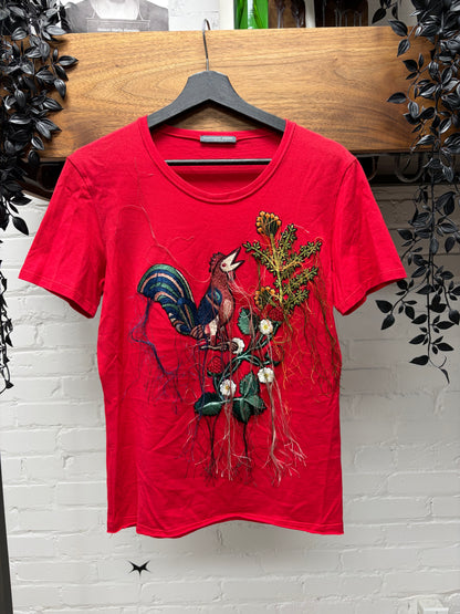 Alexander McQueen ‘Bird of Paradise’ Fringe Embroidered Red Short Sleeve T-Shirt