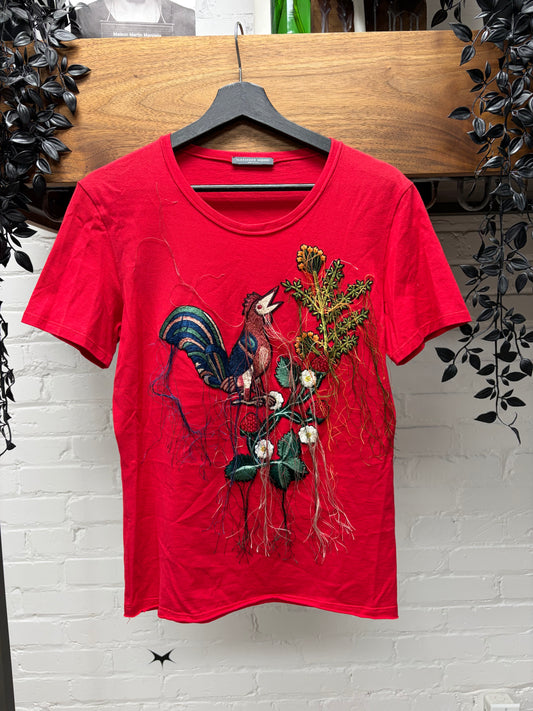 Alexander McQueen ‘Bird of Paradise’ Fringe Embroidered Red Short Sleeve T-Shirt