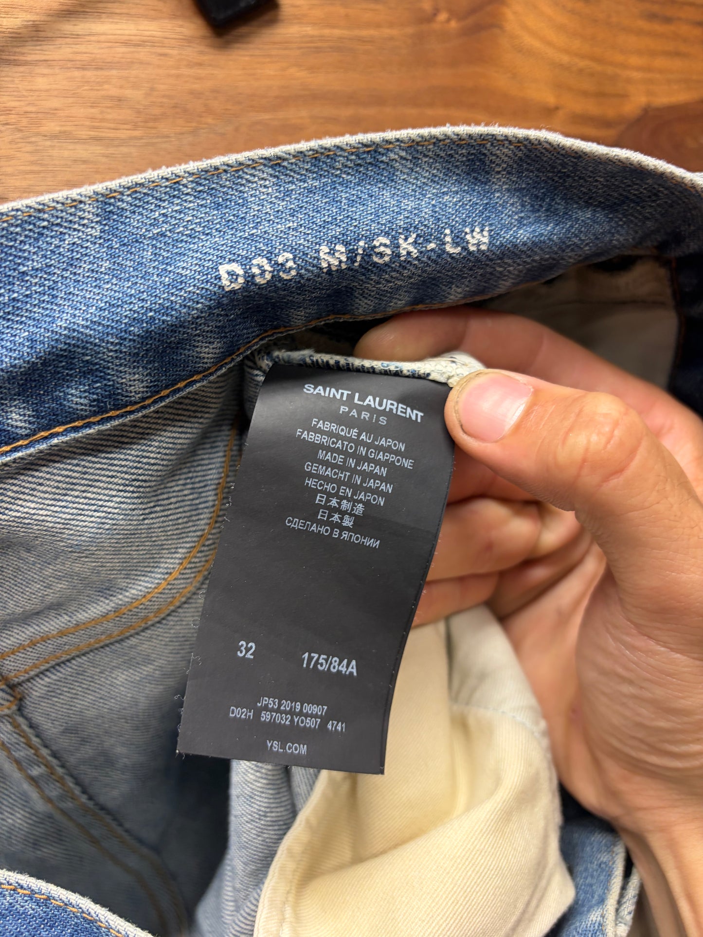 2019 Saint Laurent ‘D03’ Washed Blue Distressed Skinny Jeans