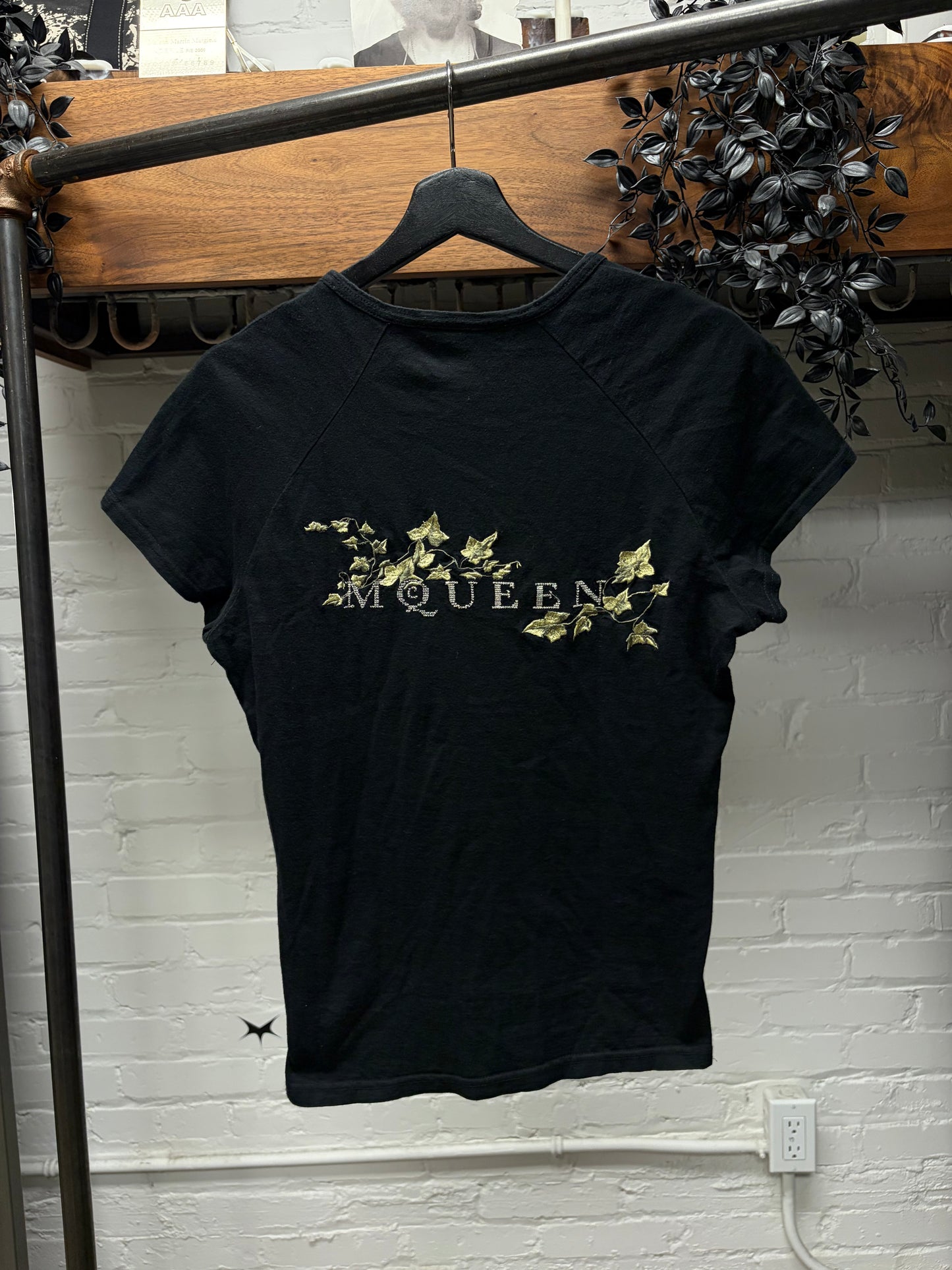 90s Alexander McQueen Cross Embroidered ‘Garden Logo’ Black T-Shirt