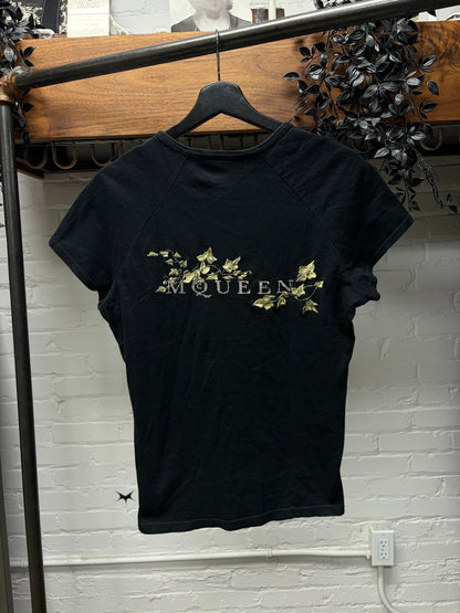 90s Alexander McQueen Cross Embroidered ‘Garden Logo’ Black T-Shirt