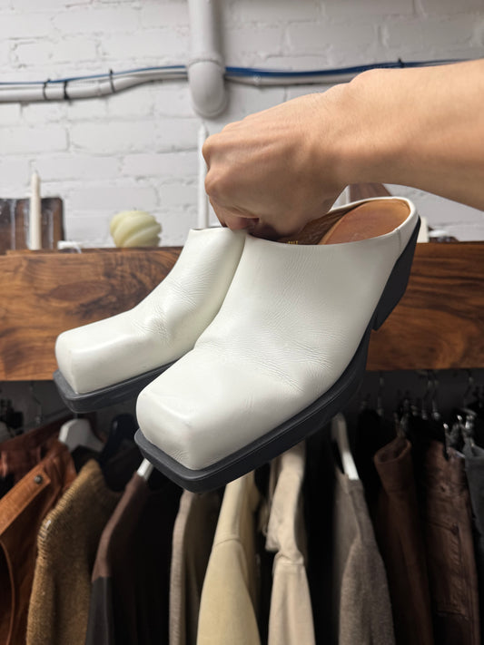 Marni Square Toe White Leather Slip On Mules