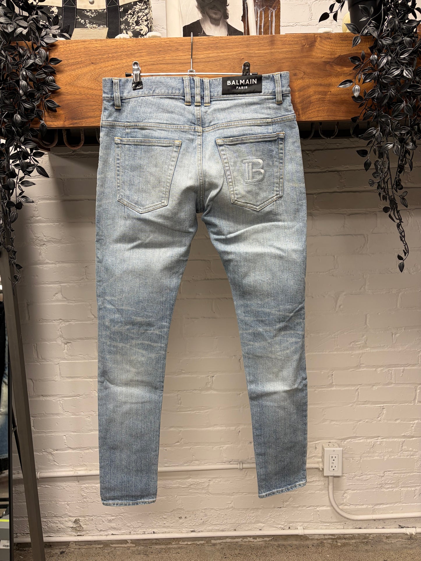 Balmain Distressed Knee Blue Skinny Jeans